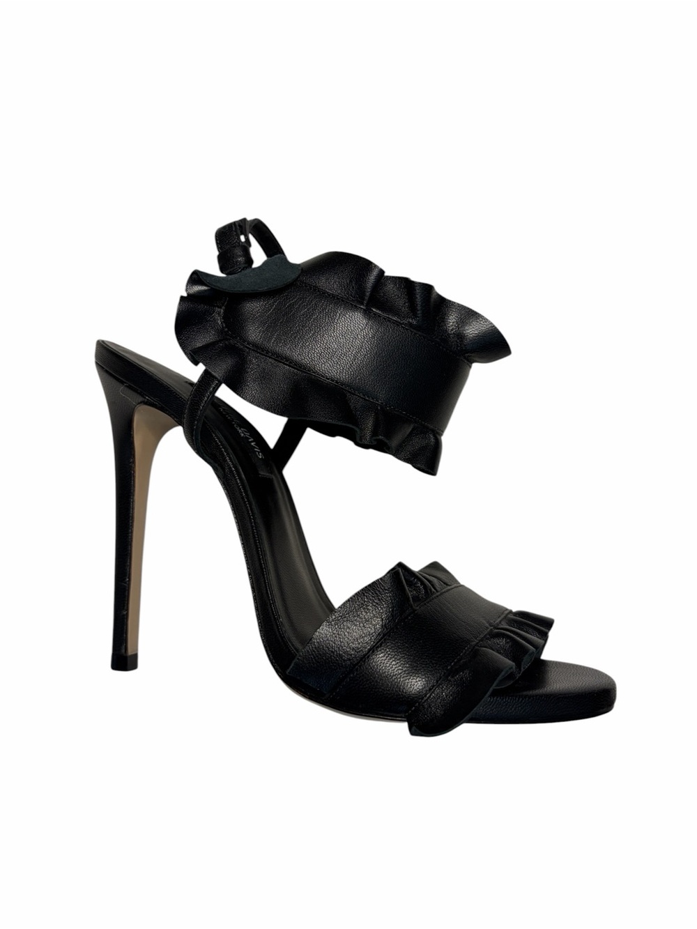 Ruthi Davis Black Ruffle Strap High Heel Sandal
